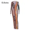Echoine Tie 염료 스트라이프 프린트 섹시한 맥시 드레스 여성 봄 패션 Vestidos 나이트 클럽 파티 긴 소매 Bodycon 드레스 LJ200810