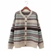 Automne Coréenne Femme Cardigan Lâche Rétro Couleur Tissé Jacquard Épais Chaud Chandail Tricoté Rayé Boutons Veste Femmes 201225