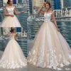 Robe de bal Nude Tulle Superposition 3D Fleur Dentelle Robe De Mariée Sheer Cou Longueur De Plancher Robes De Mariée Champagne Ivoire Vintage Design 2022 EE