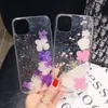 Handgjorda riktiga torkade blommorpressade folie Soft TPU -fodral för iPhone 15 14 13 12 Pro Max 11 XR XS X 8 7 6 Plus Fashion Shinny Sequin Clear Cover Mobiltelefon Bakhud