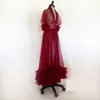 Damska Burgundia Sukienka Robe Seksowna Koszulka Koszulka Ruffles Bestwear Koronki Tulle Długie Szlafrok Piżama Prom Druhna Shawel