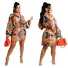 Floras Printed Dresses Fashion Women Long Sleeve Lape Neck Shirt Skirt with Belt