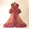 Robe de nuit de luxe en fourrure froncée en Tulle, vêtements de nuit de mariée, Chic, col en V, manches longues, pyjama sur mesure, hiver