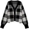 여성용 니트 티브 넥 여성 버튼 블랙 Houndstooth Cardigan 2021Single Breasted Casual Long Sleeve Chic Streetwear 스웨터 Coa