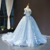 Blå färgad bröllopsklänning från axelbollklänningen Princess 3D Flowers Lace Corset Back Non White Bride Dress Romantic 224o