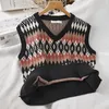 Preppy Style Knit Vest Femmes Tricoté Argyle Pull Gilet Sans Manches Plaid Gilet Automne Court Outwear Chalecos Para Mujer 201028