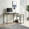 EU estoque Home Office L-shaped computador de computador, esquerda ou direita configuração, vintage marrom estilo industrial mesa de canto com prateleiras abertas A10 A09