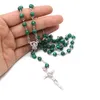 Green Stone Cross Rosary Halsband Kvinnor Katolska Smycken