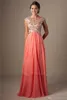 Coral Chiffon Modest Prom Dresses met Cap Mouwen A-Lijn Beaded Crystals Vloer Lengte Universiteit Prom Gowns Custom Made Fast Shipping Heet