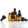 Amber 1ml 2ml 3ml 5mlエッセンシャルオイルボディオイルガラスボトル黒プラスチックドロッパー蓋付きリークプルーフフェイスオイル化粧品血清グラスドロッパーバイアルボトルフリーシップ