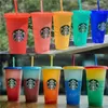 24 أوقية تغيير لون البهلوانات البلاستيكية شرب كوب عصير مع الشفة والقش القهوة سحرية القدح Costom Starbucks لون تغيير كوب بلاستيكي