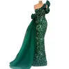 Långa sparkly aftonklänningar 2022 sjöjungfru en axel lyx mörkgrön sequined afrikanska kvinnor formella festklänningar peplum ruffle prom klänning cg001
