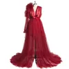 Custom Burgundy Formal Evening Dresses Long Women V Neck Full Sleeves Ruched Organza Evening Dresses 2021 New Dress for Party4954019