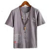 5色の襟のない半袖ビンテージリネンシャツプラスサイズ5xl 4xlオフィスシャツ男性シングルブレイテッド中国タイプブラウス男C1210