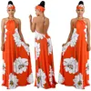 Sexig halter blommor print klänning damer klänningar avslappnad mode strand klänningar för kvinnor inkluderar turban
