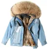 OFTBUY Giacca invernale da donna Cappotto in vera pelliccia Parka Collo in vero procione Fodera in coniglio Rex Bomber a righe Giacca di jeans Streetwear 201212