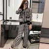 Chándales para mujer Luzuzi Mujeres Trajes Trajes Vintage Botón Plover Plaid Ziipper Punto Cardigans Lante Pantalones Otoño Winte 2pcs Set