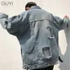 GUYI Rétro Lettre Ripped Denim Vestes Hommes Oversize À Manches Longues Trou Survêtement Manteaux Mode Streetwear Hip Hop Vestes Casual LJ201013