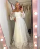 Off Shoulder Wedding Dress 2021 Lantern Långärmad Point Net Tulle Vit Billiga Bröllopklänningar A-Line Golvlängd Elegant Vestidos de Novia