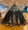 Quinceanera czarne koraliki sukienki z Cape Gold Lace Applique Crystals Spaghetti Paski