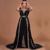 Black Velvet Evening Formal Dresses with Jacket 2021 Gold Lace Embroidery Morocco Kaftan Muslim Prom Dress vestidos de fista