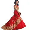 Vintage Red African Arabic Mermaid Wedding Dresses 2022 Scoop Neck Gold Lace Appliques Beaded Sleeveless Sweep Train Bride Dress Bridal Gowns Plus Size