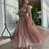 Rosa Glitter Lantejoulas Vestidos de Noite Bling Vintage Dubai Saudi Árabe Árabe Varredura Treinar Formal Vestidos de Noite Vestidos Robe de Soirée