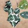 Sexy Um ombro Ruffle Swimsuit Impressão Floral Swimwear Mulheres Swimsuit Banheira Terno Beachwear Monokini 220226