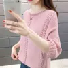 Fashion-coreano moda rosa branca suéter verde vintage oco out tricotão top pull femme solto solto suvers de mujer roupas 2201