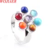 Wojiaer 7 Chakra Open Rings Reiki Energy Healing Point Stone Beads調整可能なレインボーフラワー女性フィンガーリングジュエリーX3008