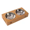 Pet Cat Bowl Bear Bamboo Plate Double Natural Durable Safety Wood Stainless Steel Dog Utility Y200917