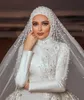 Gorgeous Pearls Mermaid Muslim Wedding Dresses With Detachable Train Beaded High Neck Long Sleeves Bridal Gowns Satin robe de mariée