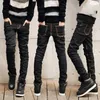 Großhandel Mode Sommer dünne Doppelreißverschluss dünne Teenager Jungen schwarz zeigen dünne Hip Hop Streetwear Jeans Männer 2834 201123
