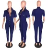 Moda Kobiety Niebieskie Dżinsy Kombinezony Wysokiej Jakości Kobiet Krótkie Rękawy Wyłącz Down Neck Skinny Denim Pajacyki Prawdziwe Obraz 2020 A1119