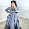 Único Dusty Azul Plus Size Vestido de Noite Marocan Kaftan Abaya Uma linha Manga comprida Vestidos de festa formais para casamentos V Neck Vestidos de baile 2022 Dubai Árabe Robes de Soirée