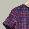 2023 Spring Short Sleeve Round Neck Purple Plaid Tweed Panelled Buttons Short Dress Women Fashion Dresses S27183227