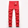 Mode mens jeans designade rak smala fit denim jeans byxor casual mager byxor röd gul herr streetwear byxor1204b