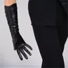 Five Fingers Gloves Touchscreen Long Woman's Simulation Leather PU Pleated Pile Black Silk Lined Female Touch 40-50cm PU811