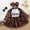 3Pcs Frühling Herbst Kinder Baby Mädchen Kleidung Set Brief Drucken Langarm Kleid Mode Leopard Mantel Stirnband Infant Kleinkind mädchen Kleidung