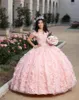 2022 modesti abiti Quinceanera rosa chiaro con fiori 3D applique floreali con perline al largo della spalla abito dolce 16 abito da ballo Puffy233U