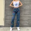 Butterfly Broderi Kvinnor Jeans Sommar Höst Vintage Long Pant High Waist Denim Trousers Casual Straight Female Jeans Cute 201029