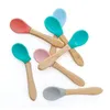 Baby Feeding Spoon Trähandtag Silikon Sked Baby Food Spoons Anti-Scald och Fall Resistens Training Spoons LX4529