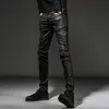 Idopy Men's Coated Jeans Waxed Black Punk Style Motorcycle Jeans Slim Fit Biker Denim Pants For Male Y200116