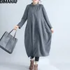 DIMANAF Women Long Dresses Turtleneck Cotton Ladies Elegant Vestidos Plus Size Female Clothes Pleated Loose 2021 Autumn Winter LJ201112