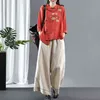 春の新芸術スタイルの女性ビンテージボタンスタンドカラールーズシャツコットンリネン刺繍ブラウスFemme Blusas Plus Size S700 H1230