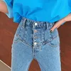 Shijia Tek Göğüslü Denim Kalem Kot Kadın Yüksek Bel Elastik Patchwork Skinny Jean Kadın Mavi Şık Dipleri Femme Sonbahar Sonbahar 201030