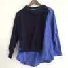 [EWQ] Koreanska Chic Höst Högkrage Sidoknappar Fake Two-Piece Shirt Stitching Striped Bubble Sleeve Sweater Blue Women 201030