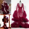 Burgundy Bridal Feather Nightgown Szaty New Arrival Transparent Tulle Lady Butewear Kurtki Długie Nakładki Szlafroki Suknie Po Party Dress