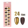 Falska naglar glänsande och matt nagel 24pcs Fake Solid Color Metal Plating Reflective Long Tips for Women Prud22