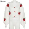 Klalien 패션 우아한 귀여운 프린트 딸기 싱글 브레스트 스웨터 여성 가을 ​​두꺼운 따뜻한 카디건 스웨터 스트리트웨어 211221